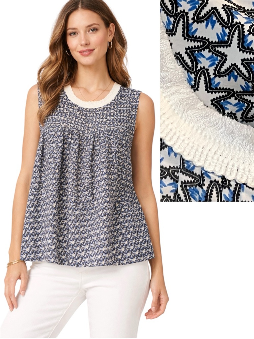 Sea New York Star Print Smocked Sleeveless Peplum Top Blue White Preppy size 0